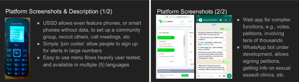 Screenshots from Luke Jordan’s presentation on Grassroot’s platform